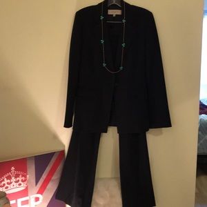 White pin strip, wide leg, pant suit.